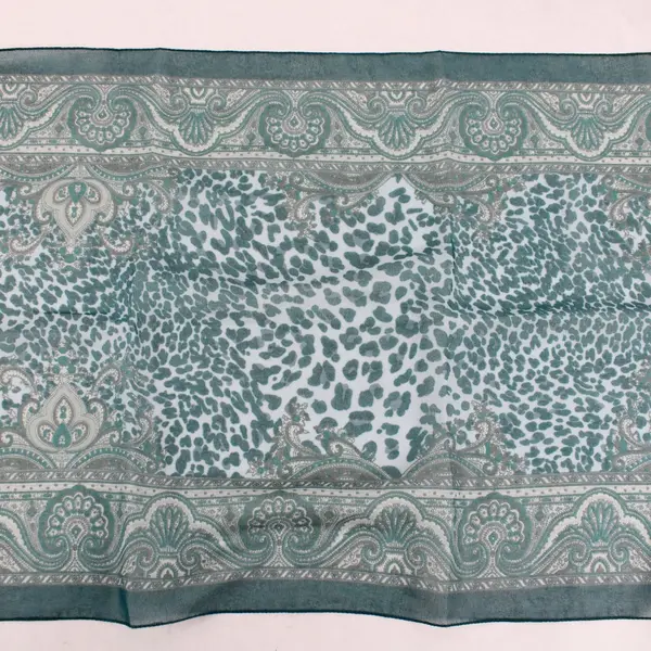 Sheer Turquoise Paisley Leopard Print Rectangular Scarf 62.5x15