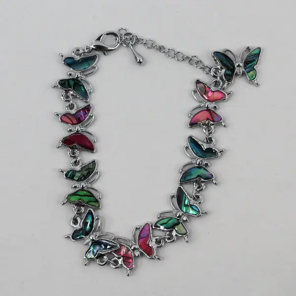 Iridescent Abalone Butterfly Silver-Tone Chain Bracelet 8.75"