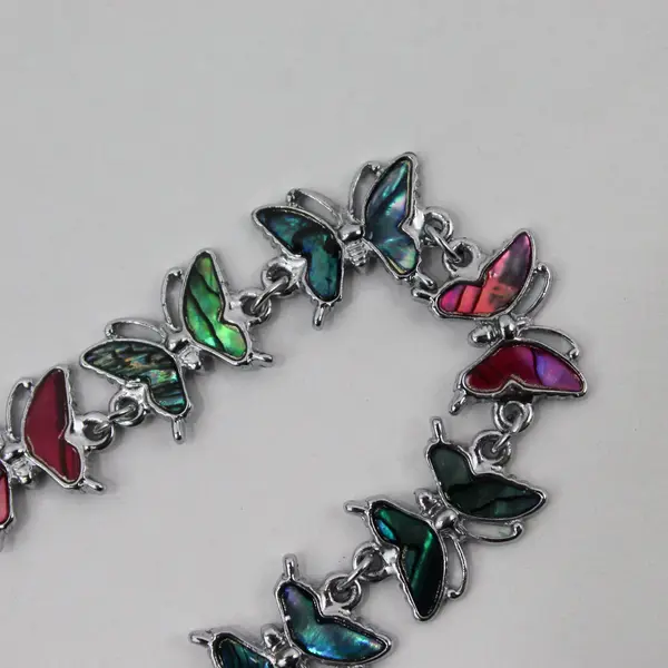 Iridescent Abalone Butterfly Silver-Tone Chain Bracelet 8.75"