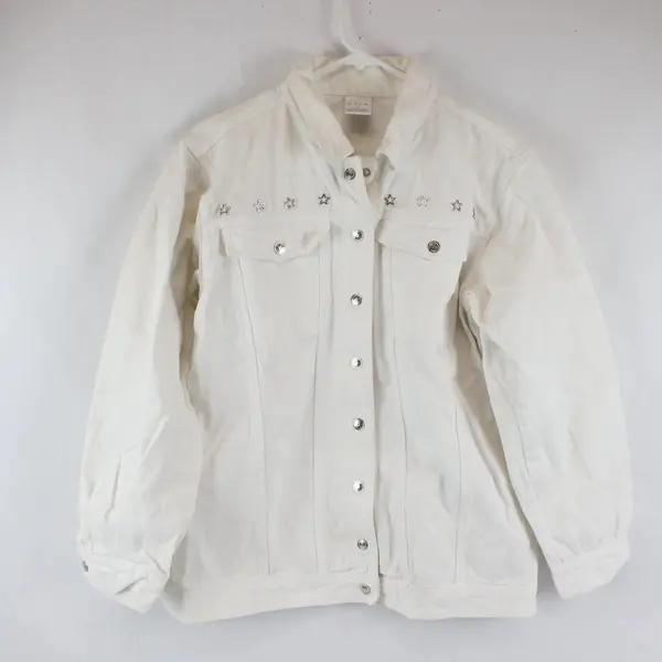 Vtg Avon Denim Jacket Women Sz M White Embellished Stars Snap Pockets Retro