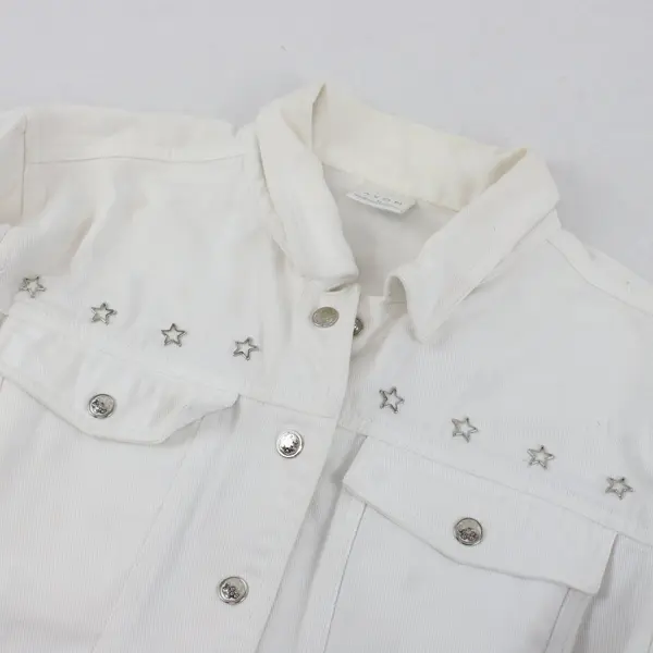 Vtg Avon Denim Jacket Women Sz M White Embellished Stars Snap Pockets Retro