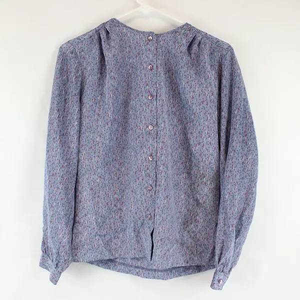 Vintage 80s Panther Lilac Purple Abstract Button-Down Blouse Tie Neck Sz 7/8