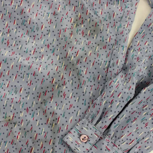 Vintage 80s Panther Lilac Purple Abstract Button-Down Blouse Tie Neck Sz 7/8