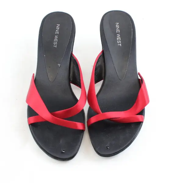 Nine West Red Satin Cross Straps Kitten Heel Sandals Women's U.S. Size 9.5M FLAW