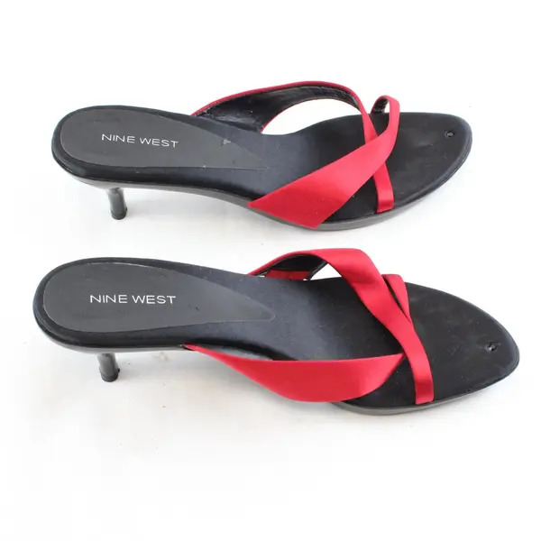 Nine West Red Satin Cross Straps Kitten Heel Sandals Women's U.S. Size 9.5M FLAW