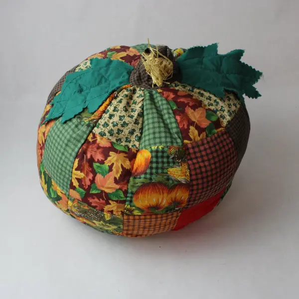 Vtg Plush Patchwork Pumpkin Fall Halloween Thanksgiving Stuffed Decor Quilted