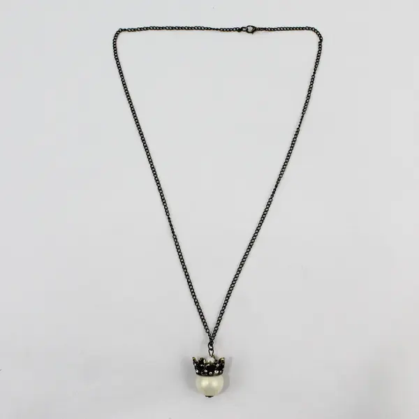 Faux Pearl with Rhinestone Crown Pendant Necklace 26"