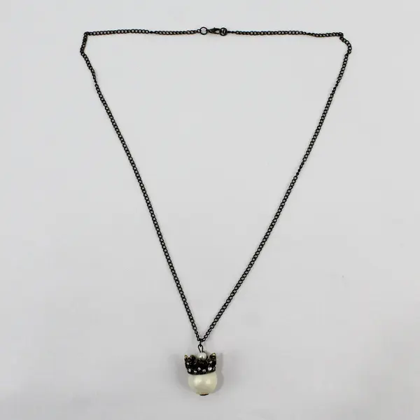 Faux Pearl with Rhinestone Crown Pendant Necklace 26"