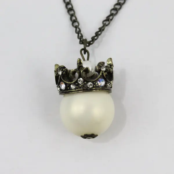Faux Pearl with Rhinestone Crown Pendant Necklace 26"
