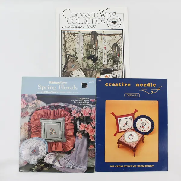 Lot 3 Cross Stitch Patterns Creative Needle RibbonFloss Birds Floral 1981-1995