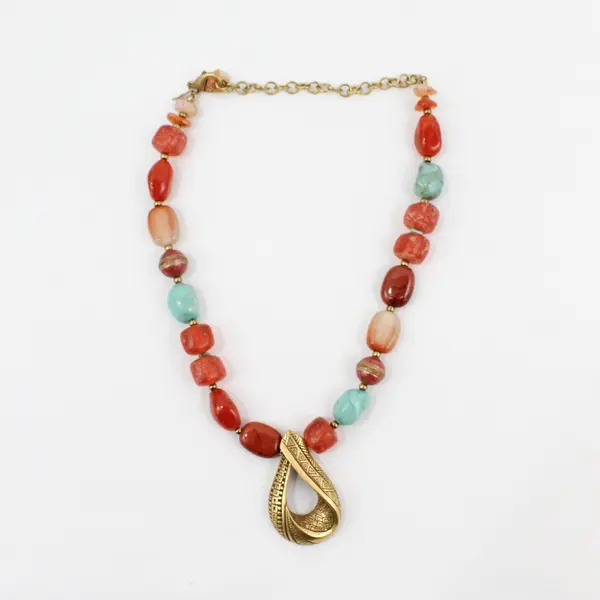 Chico's Red and Blue Beaded Gold-Tone Boho Statement Necklace 20"