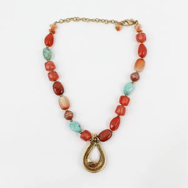 Chico's Red and Blue Beaded Gold-Tone Boho Statement Necklace 20"