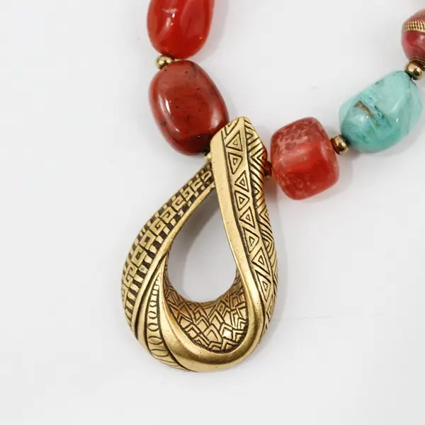 Chico's Red and Blue Beaded Gold-Tone Boho Statement Necklace 20"