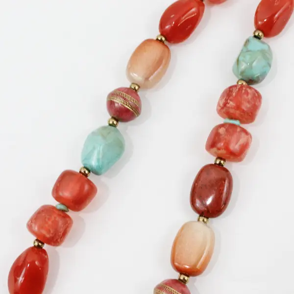 Chico's Red and Blue Beaded Gold-Tone Boho Statement Necklace 20"