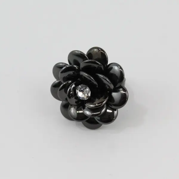 Joan Rivers Black Enamel Floral Ring Clear Rhinestone Center Signed Size 7