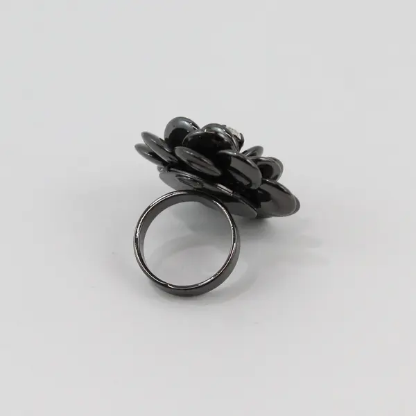 Joan Rivers Black Enamel Floral Ring Clear Rhinestone Center Signed Size 7