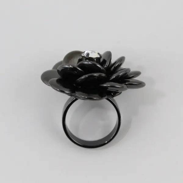 Joan Rivers Black Enamel Floral Ring Clear Rhinestone Center Signed Size 7