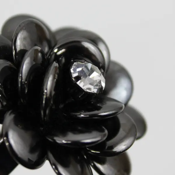 Joan Rivers Black Enamel Floral Ring Clear Rhinestone Center Signed Size 7