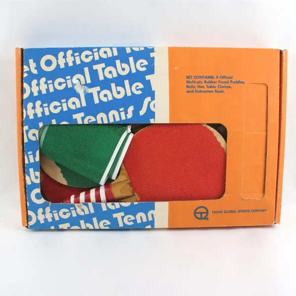 Vintage Trans Global Sports Table Tennis Set 4 Paddles Net Clamps
