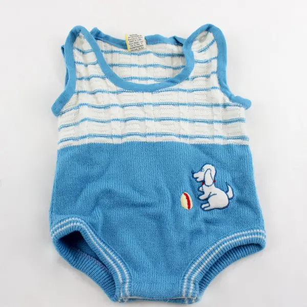 Vintage Baby Togs Puppy Dog Applique Blue and White Knit One Piece 9 Months