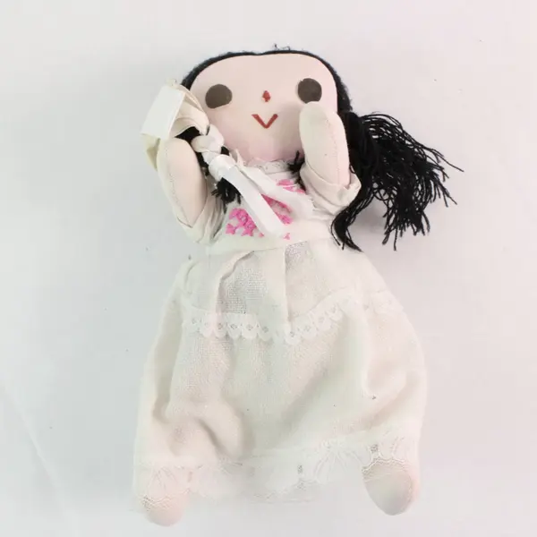 Handmade Cloth Doll Black Yarn Hair White Dress