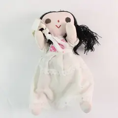 Handmade Cloth Doll Black Yarn Hair White Dress