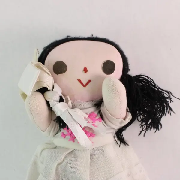 Handmade Cloth Doll Black Yarn Hair White Dress