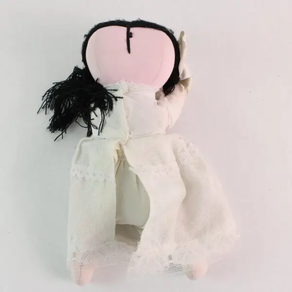 Handmade Cloth Doll Black Yarn Hair White Dress