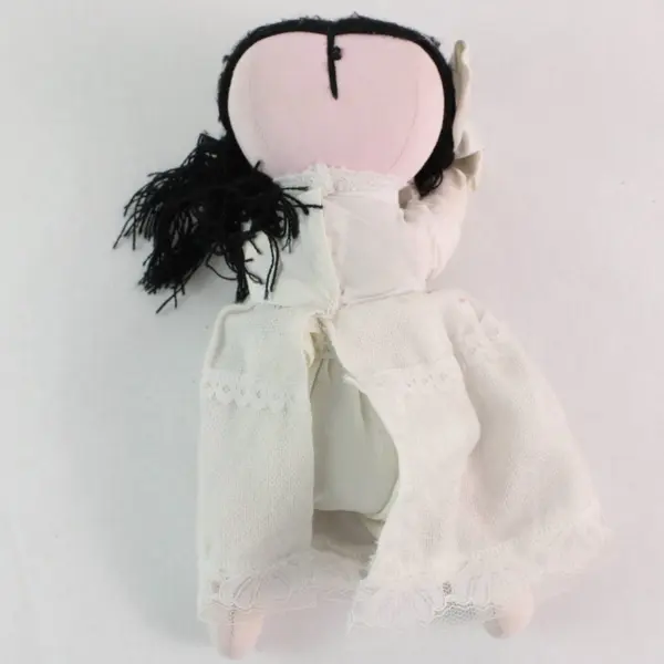 Handmade Cloth Doll Black Yarn Hair White Dress