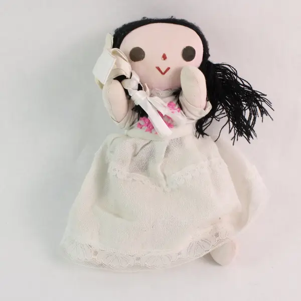 Handmade Cloth Doll Black Yarn Hair White Dress