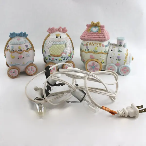 Vintage Easter Bunny Train Set 3 Piece Porcelain Lights Up Tested
