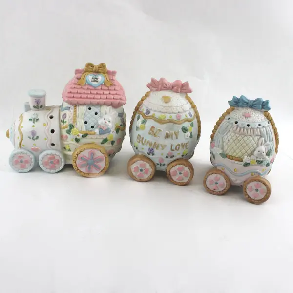 Vintage Easter Bunny Train Set 3 Piece Porcelain Lights Up Tested