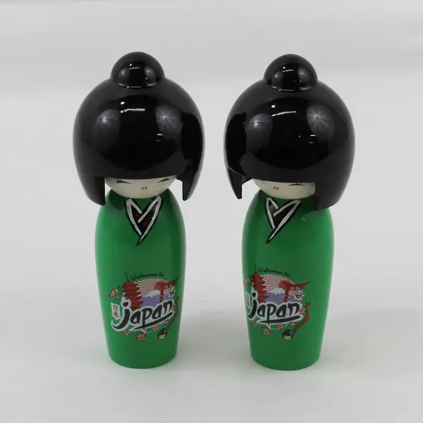 Set of 2 Japan Souvenir Kokeshi Dolls Green Wood Black Plastic Hair