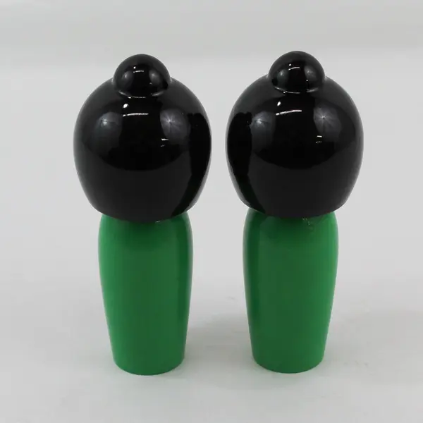 Set of 2 Japan Souvenir Kokeshi Dolls Green Wood Black Plastic Hair