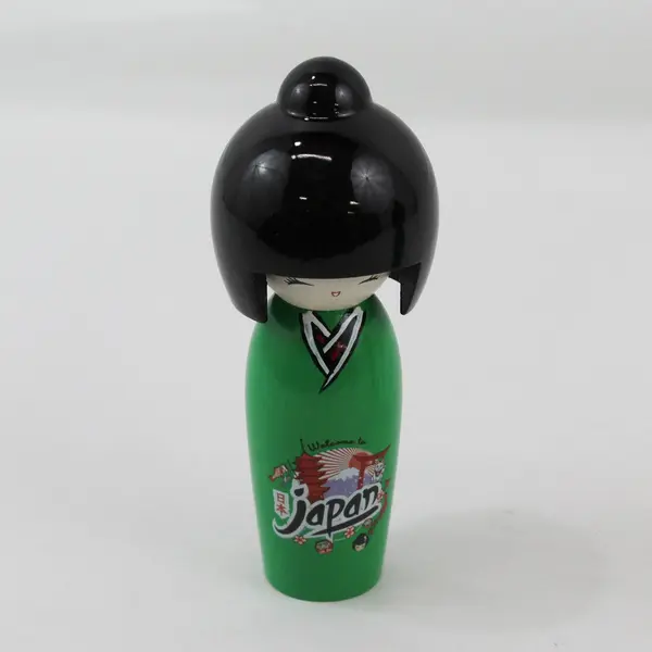 Set of 2 Japan Souvenir Kokeshi Dolls Green Wood Black Plastic Hair