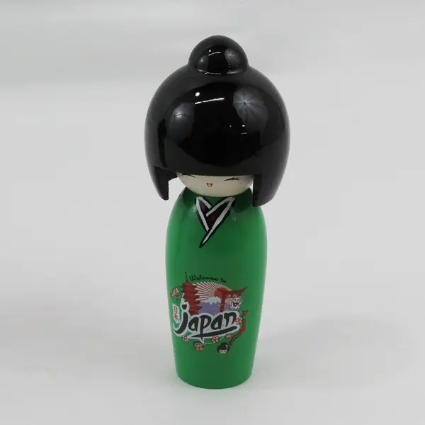 Set of 2 Japan Souvenir Kokeshi Dolls Green Wood Black Plastic Hair