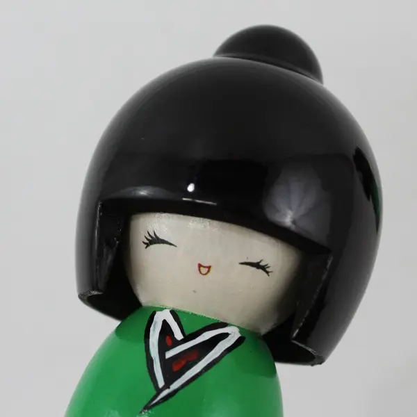 Set of 2 Japan Souvenir Kokeshi Dolls Green Wood Black Plastic Hair