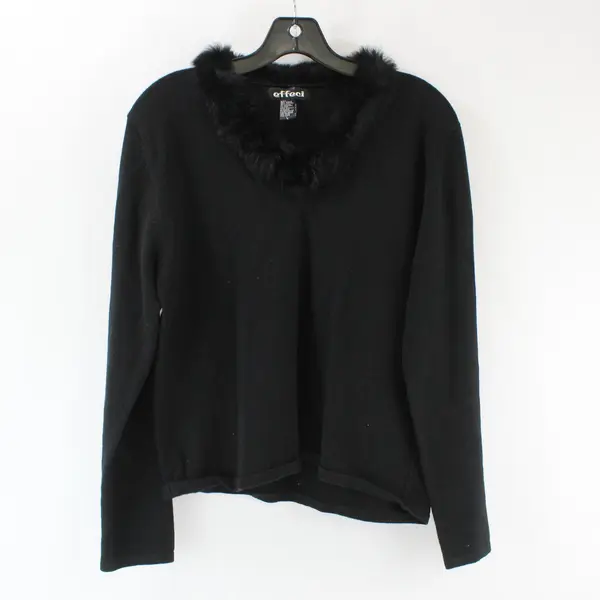 Effeci Black Long Sleeve V-Neck Sweater with Faux Fur Collar Women's L