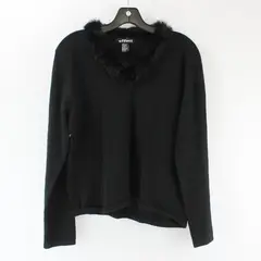 Effeci Black Long Sleeve V-Neck Sweater with Faux Fur Collar Women's L