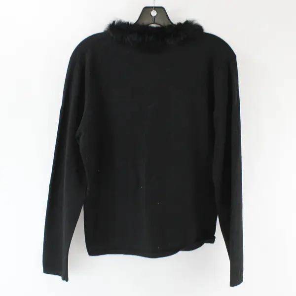 Effeci Black Long Sleeve V-Neck Sweater with Faux Fur Collar Women's L
