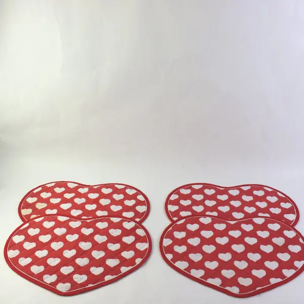Set of 4 Heart Shaped Red Placemats w White Hearts