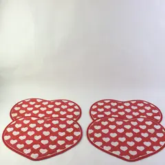 Set of 4 Heart Shaped Red Placemats w White Hearts