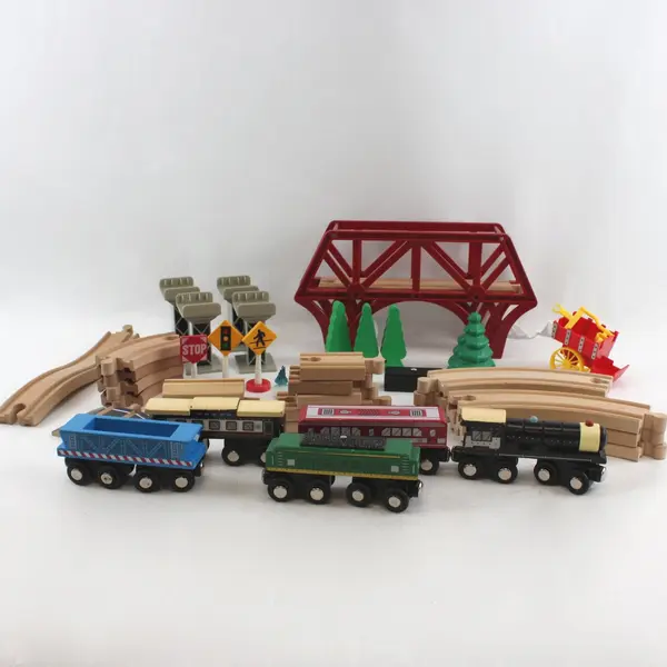 Lot of 38 Wooden Train Track Set Bridge Cars Signs Trees Cart