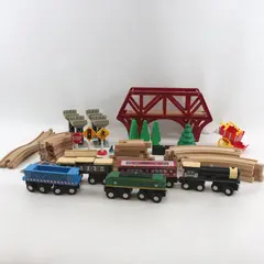 Lot of 38 Wooden Train Track Set Bridge Cars Signs Trees Cart