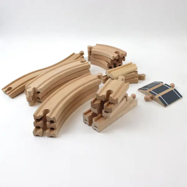 Lot of 38 Wooden Train Track Set Bridge Cars Signs Trees Cart
