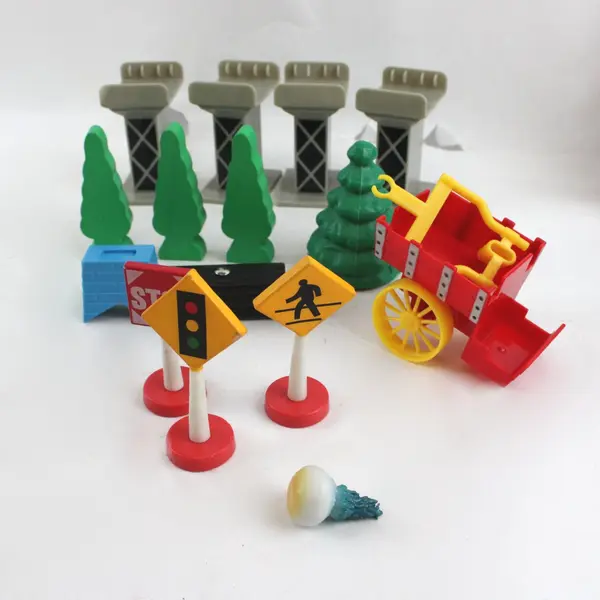 Lot of 38 Wooden Train Track Set Bridge Cars Signs Trees Cart