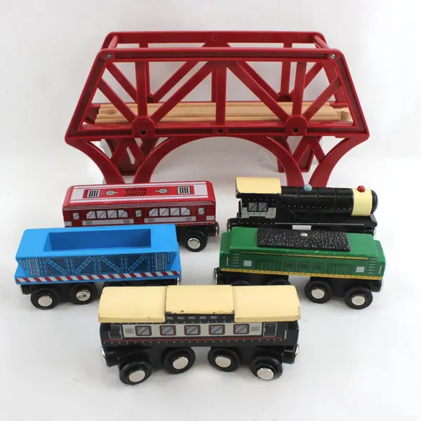 Lot of 38 Wooden Train Track Set Bridge Cars Signs Trees Cart