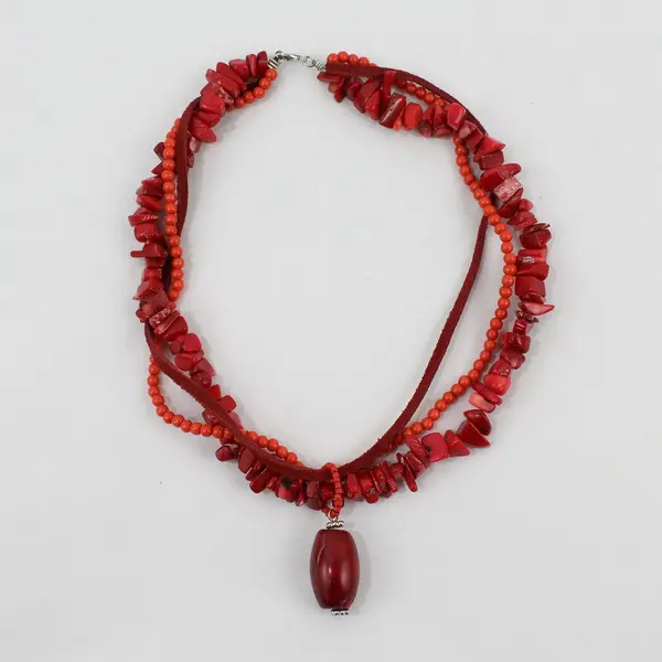 Red Multi-Strand Chip Beaded Boho Choker Necklace 14 in