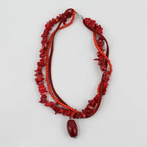Red Multi-Strand Chip Beaded Boho Choker Necklace 14 in