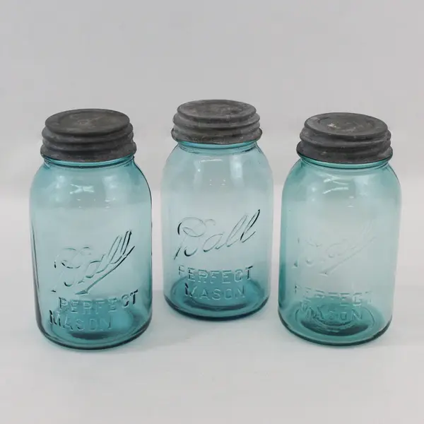 Lot of 3 Aqua Ball Perfect Mason Quart Jars With Zinc Screw On Lids